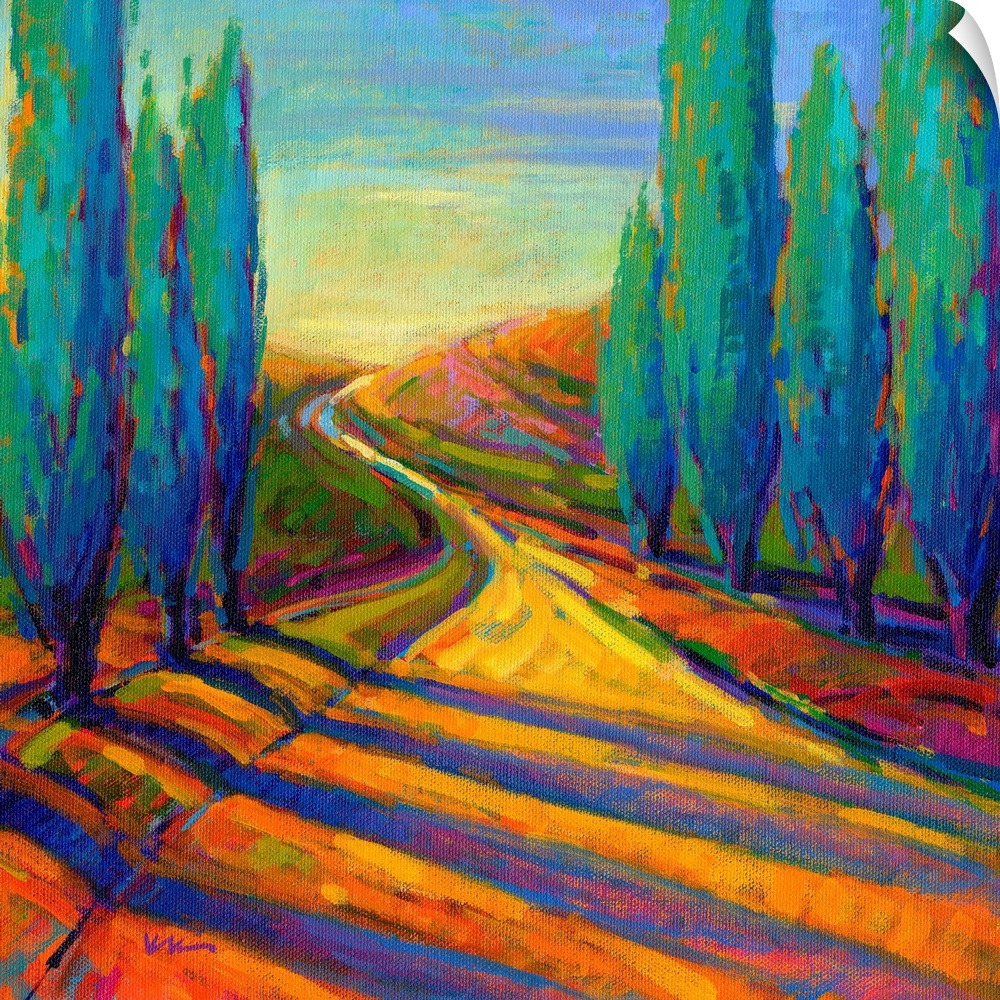 A contemporary painting of a small country road framed by cypress trees.