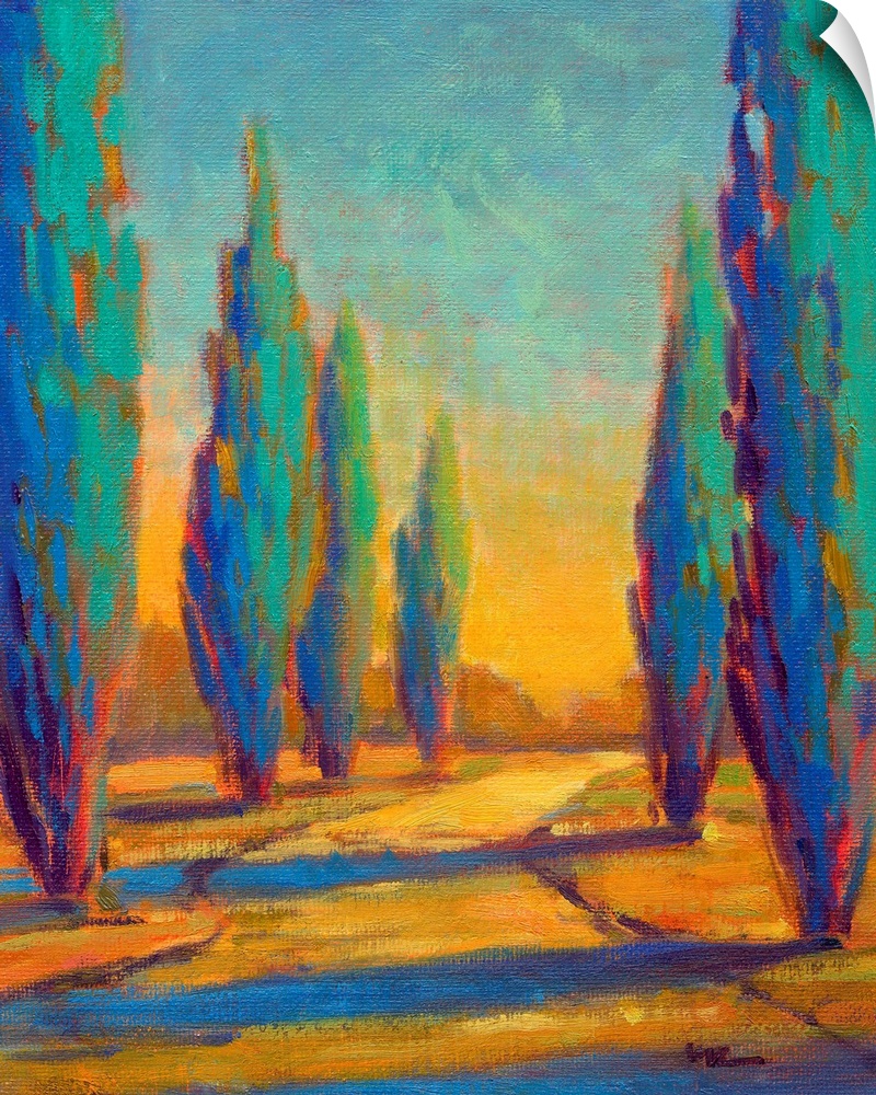 A contemporary painting of a small country road framed by cypress trees in the afternoon.