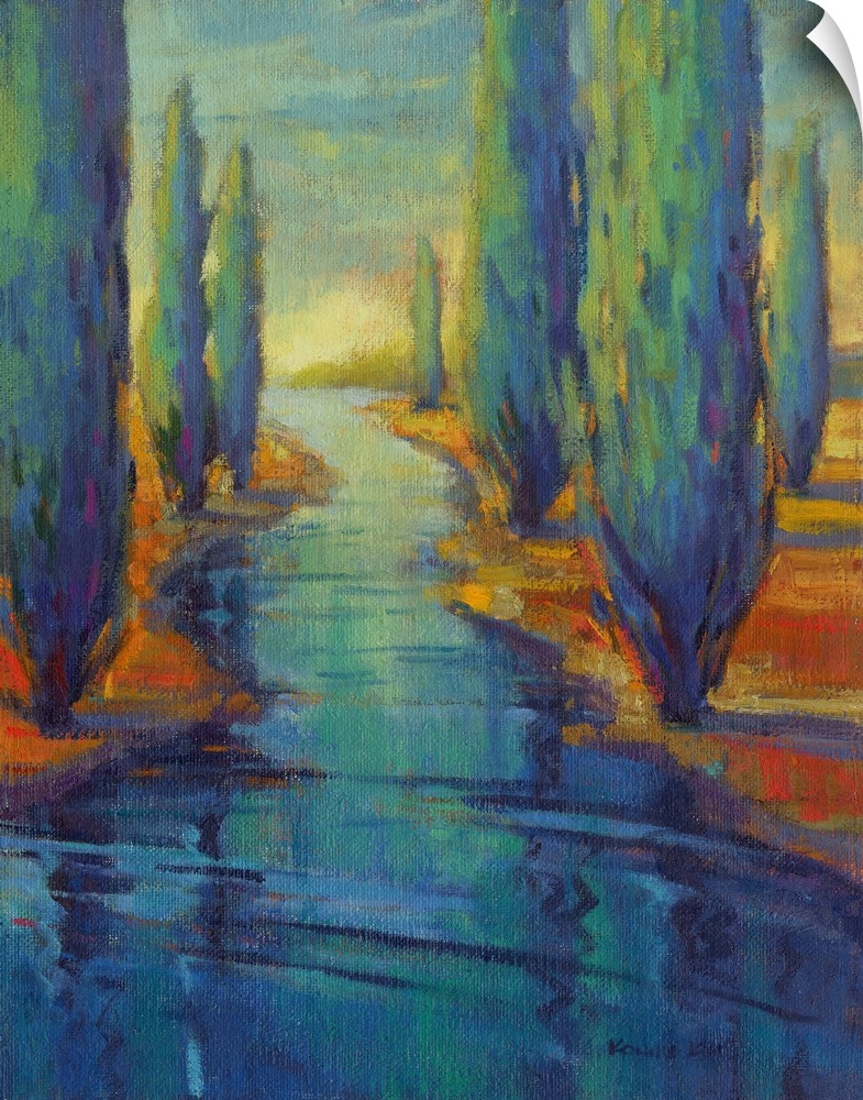 A vertical contemporary painting of a river framed by cypress trees.
