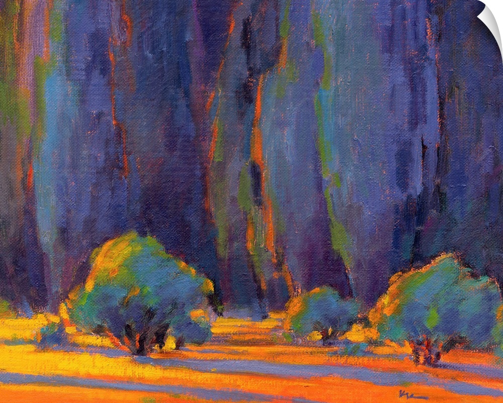 Horizontal painting of a row of trees in shades of blue, orange and green.