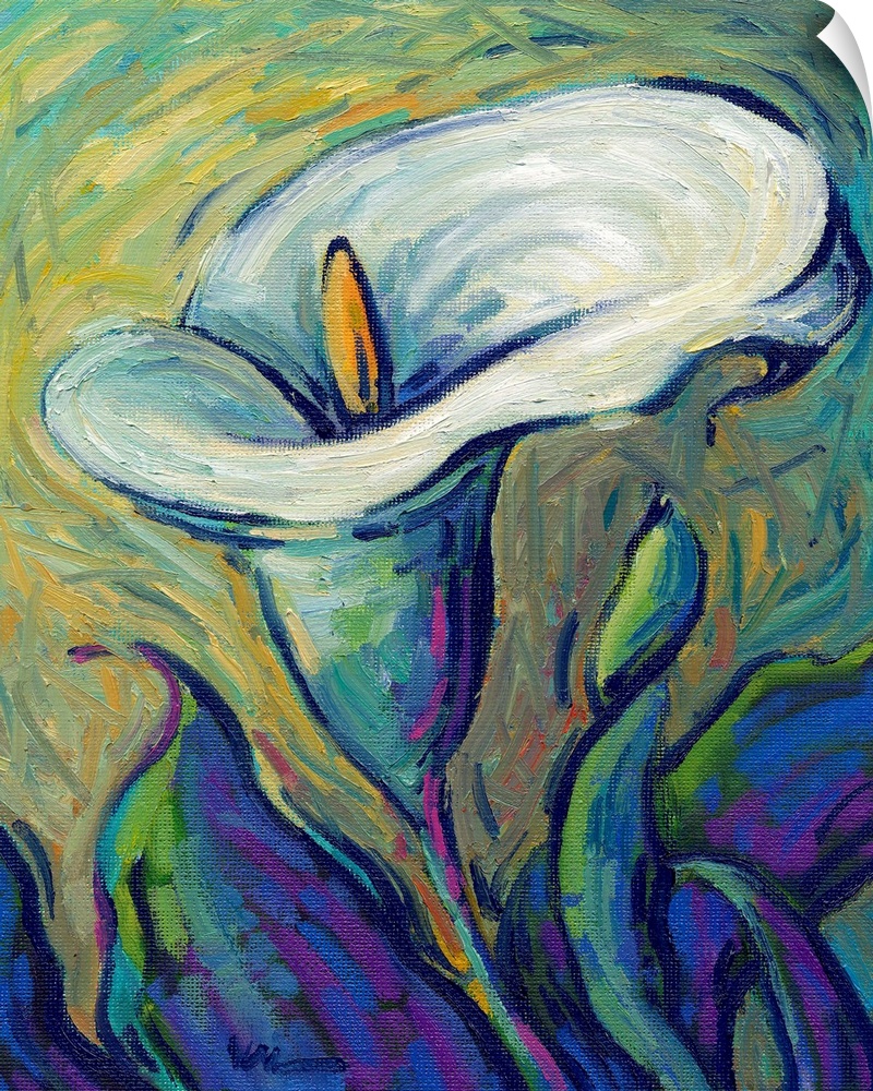 A vertical contemporary painting of a single white lily.