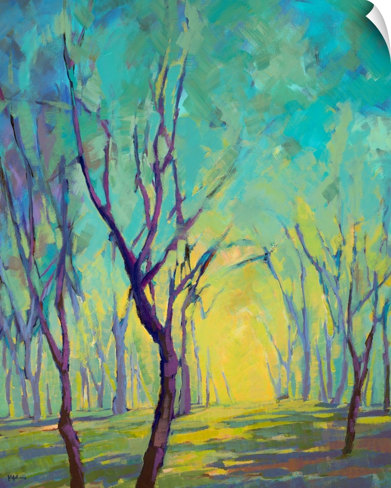 Vertical painting of a forest in colors of blue, green and yellow.
