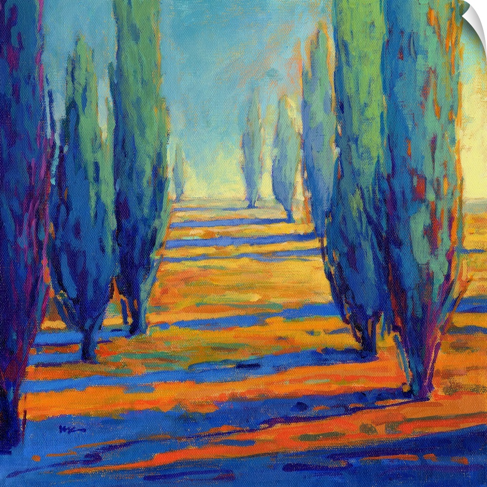 A contemporary painting of a divide between a row of cypress trees.