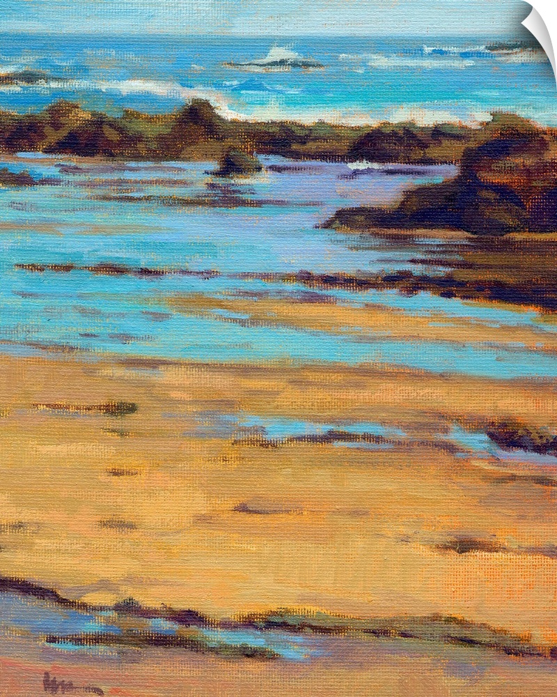 Vertical contemporary painting of a rocky beach with vivid blue water.
