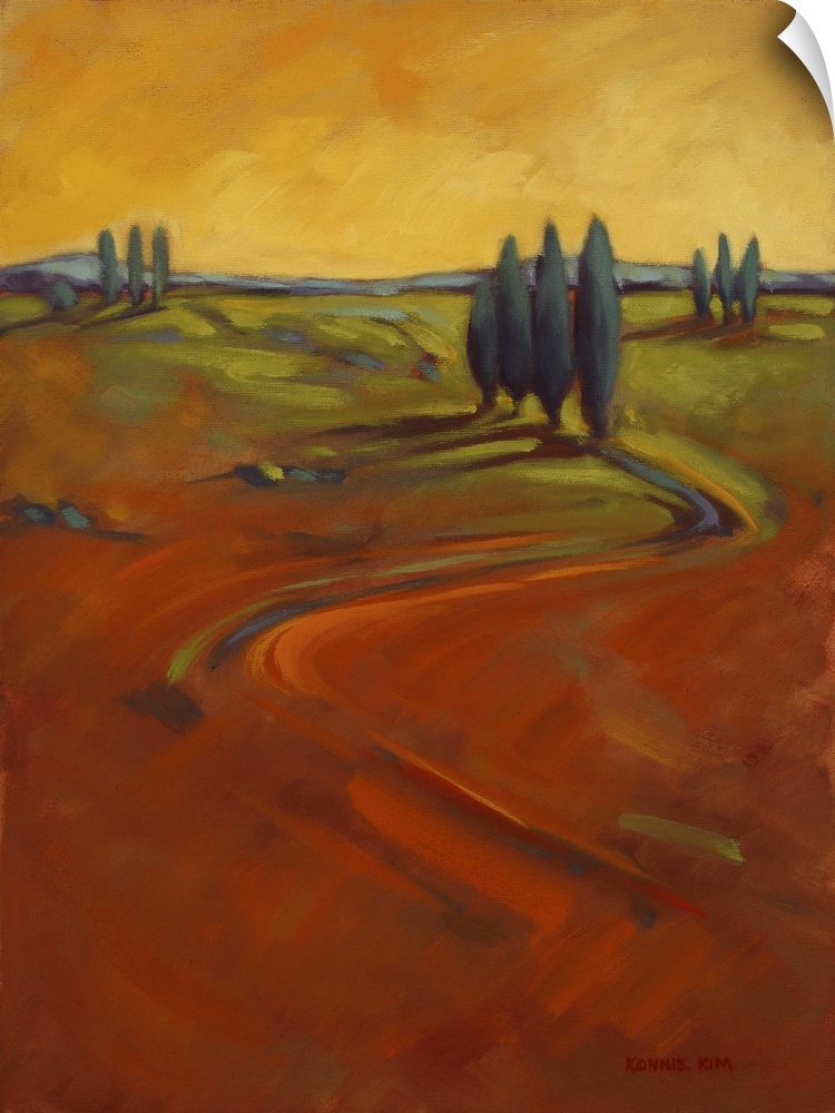 A contemporary painting of cypress trees on a hill in warm colors of orange and yellow.