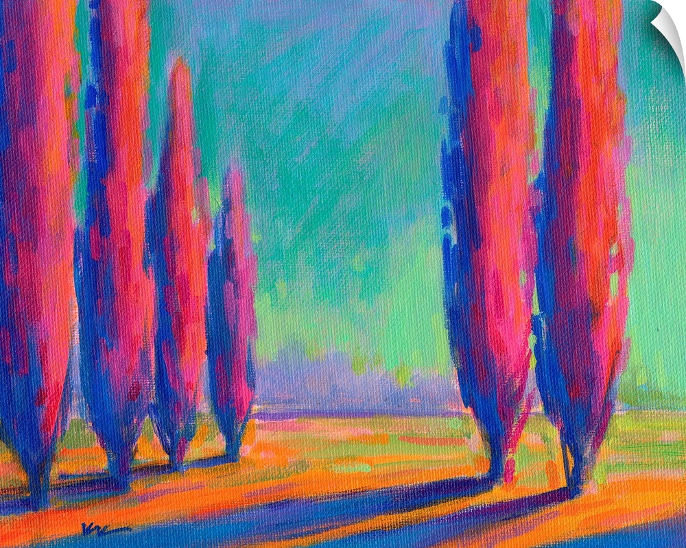 A contemporary painting of a divide between a row of cypress trees in warm red tones.