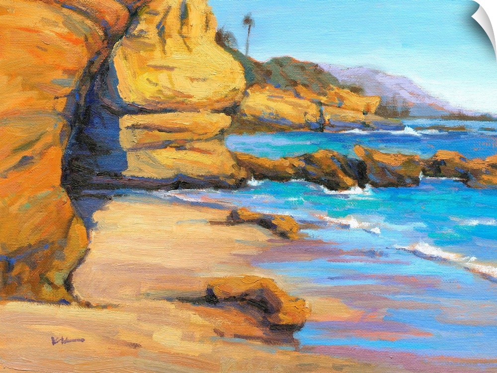 Contemporary painting of a rocky beach with vivid blue water.