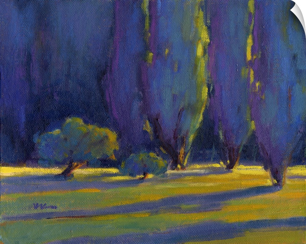 Horizontal painting of a row of trees in shades of blue and green.