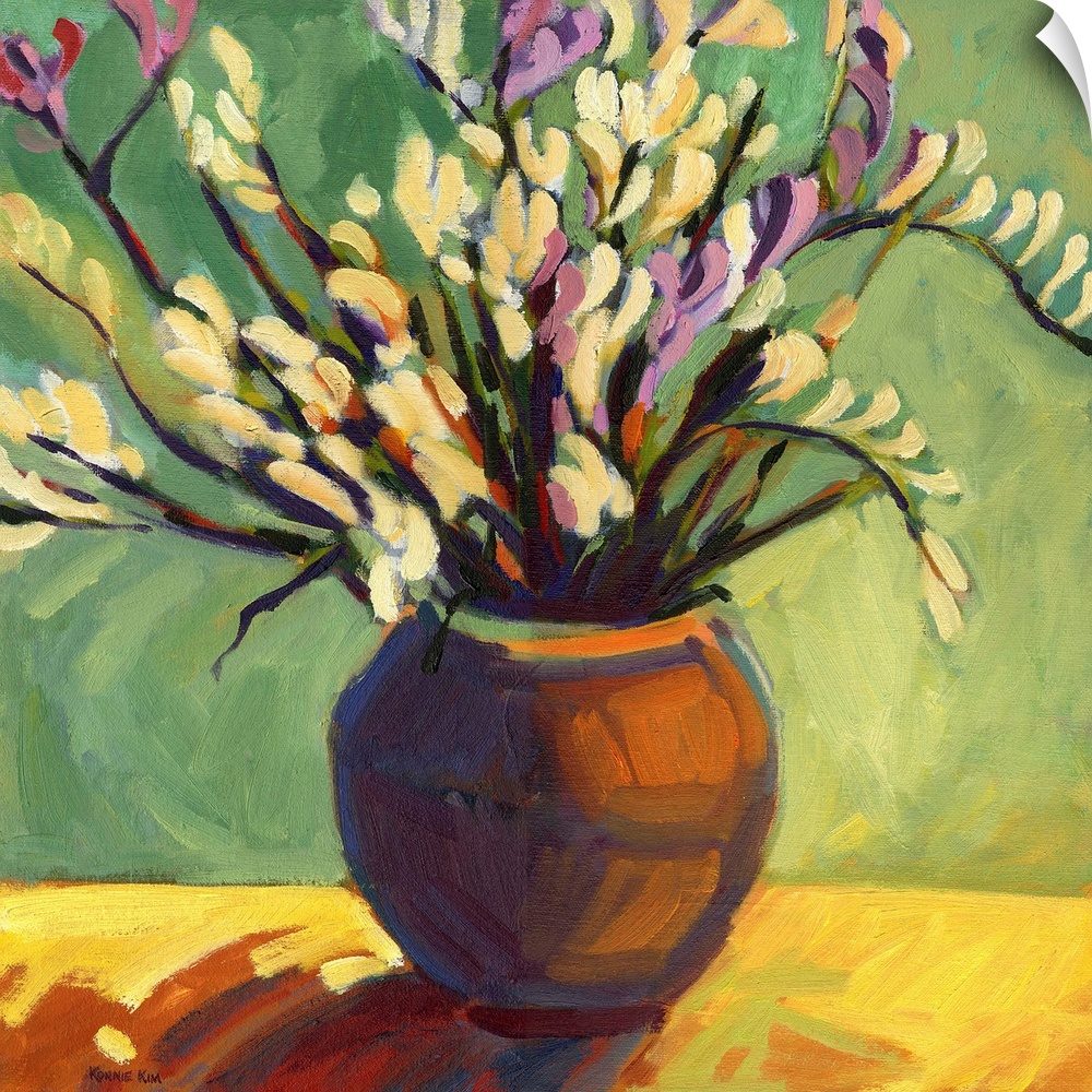 A square painting of a vase of flowers in vibrant brush strokes.