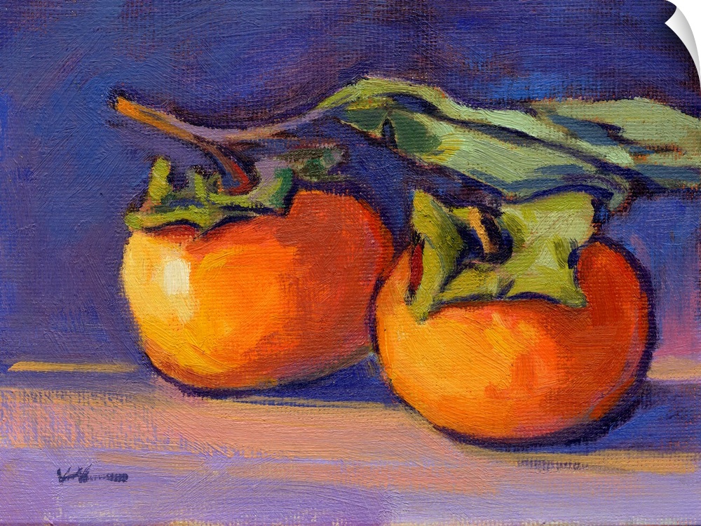 Contemporary still life painting of two tomatoes still attached to the vine on a background made with shades of purple and...