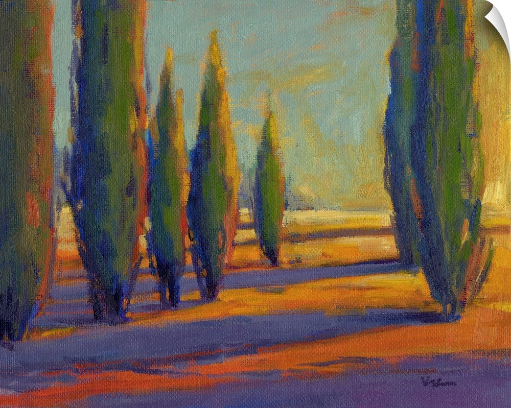 A contemporary painting of a divide between a row of cypress trees in golden colors.