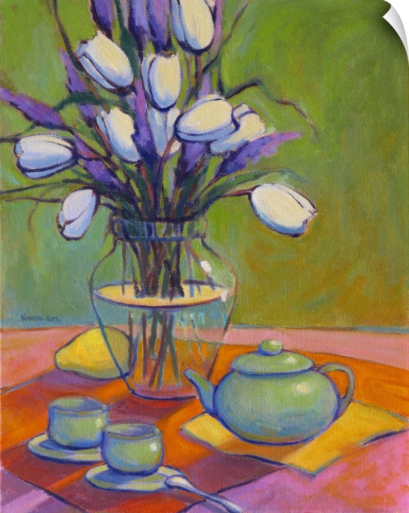 A contemporary painting of a tabletop with a vase of flowers and teacups.