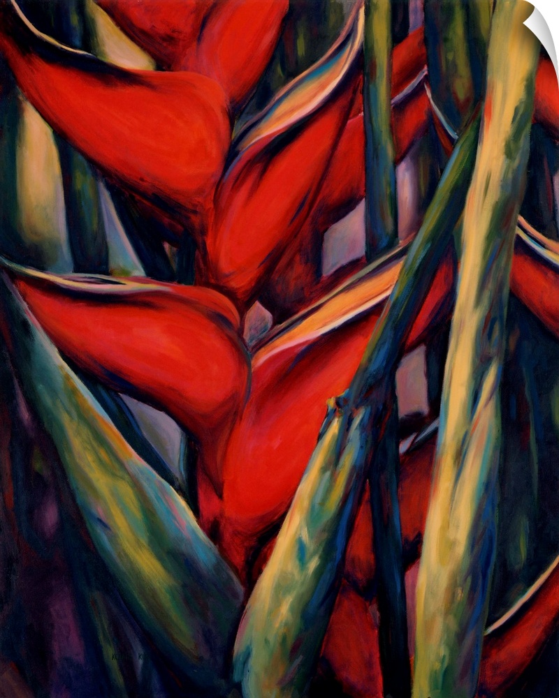 A close up view of the vibrant red colors of the topical Heliconia plant.