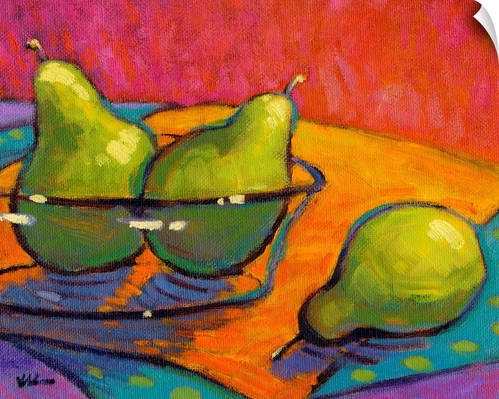 A contemporary abstract painting of a bowl of pears in vibrant colors.