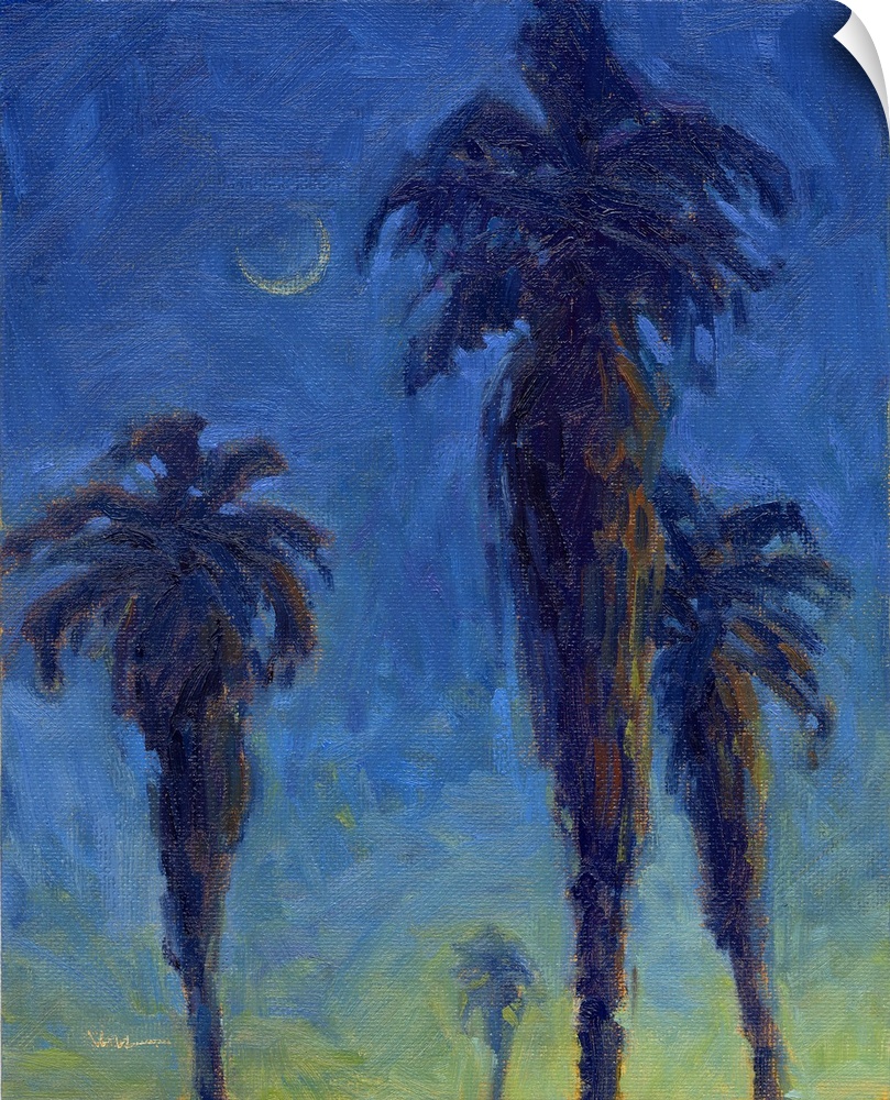 A vertical painting of palm trees in the moonlight.