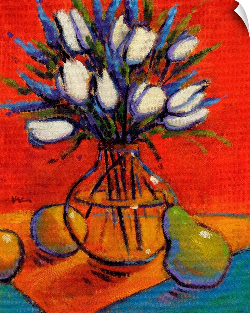 A vertical contemporary painting of a glass vase of eloquent flowers and pears.