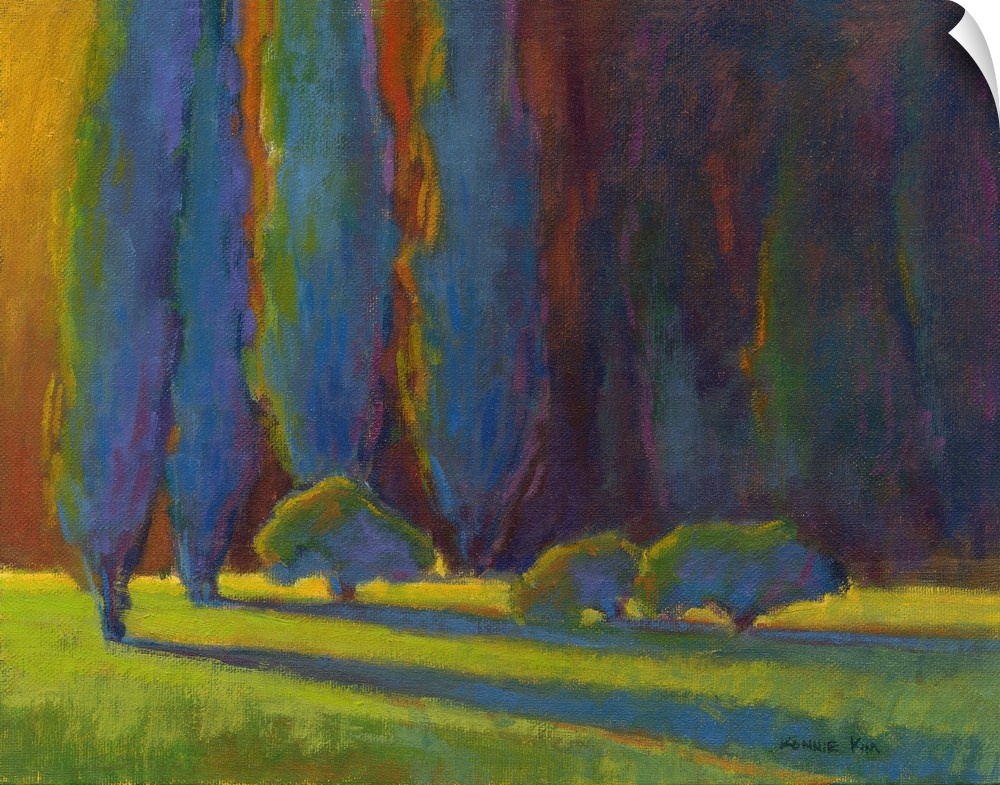 Horizontal painting of a row of trees in shades of blue, orange and green.