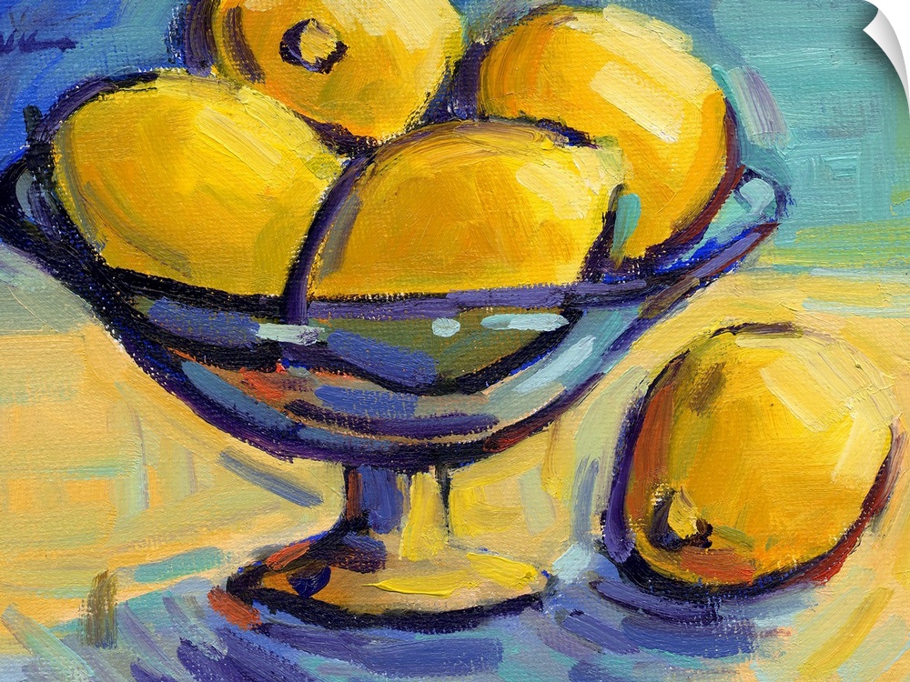 A contemporary abstract painting of a bowl of lemons against a blue background.