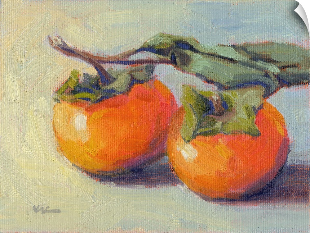A horizontal painting of a pair of persimmons.