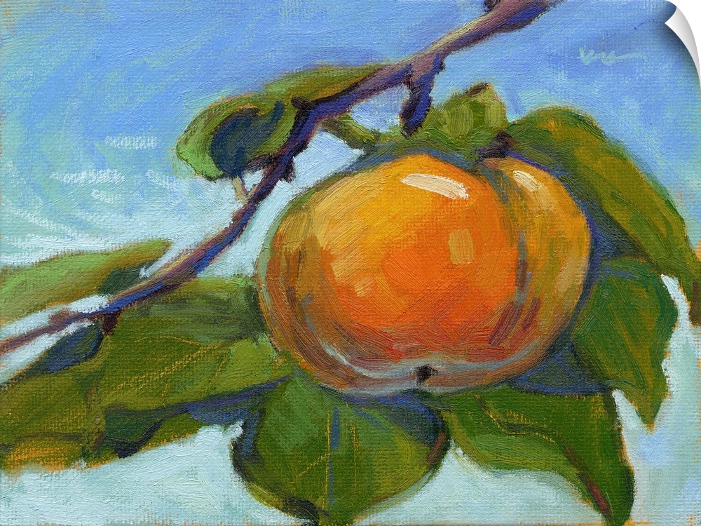 A contemporary painting of a persimmon on a branch.