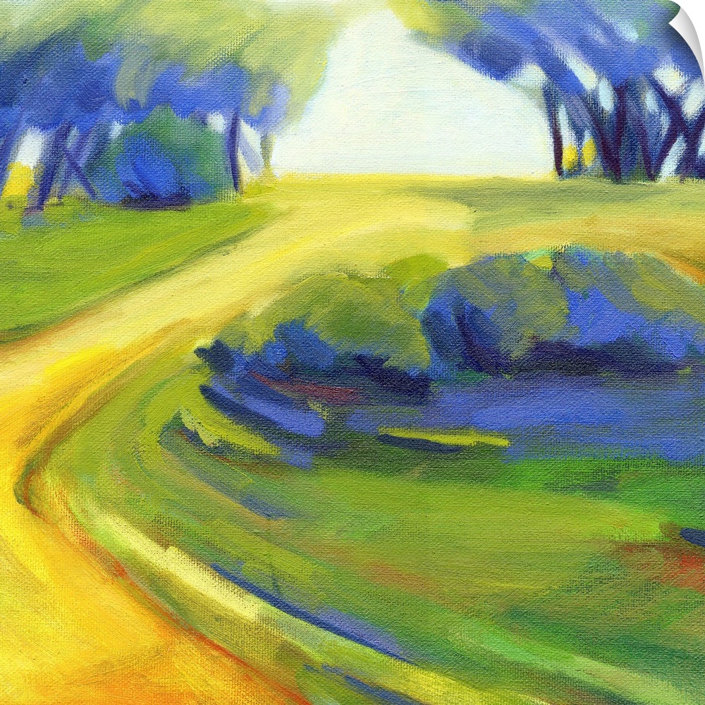 A square painting of a winding road in the countryside.