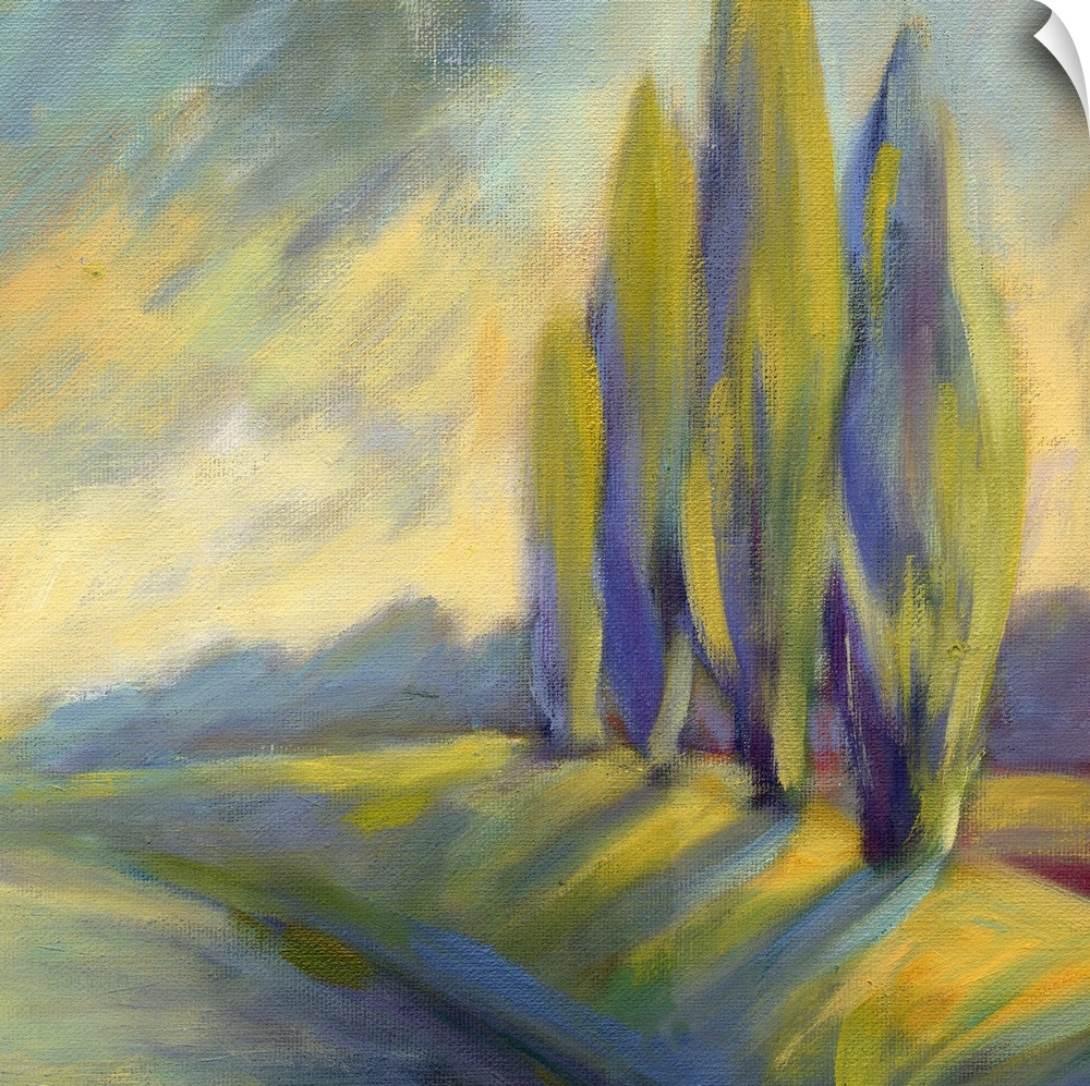 A square painting of a row of cypress tress next to a road.
