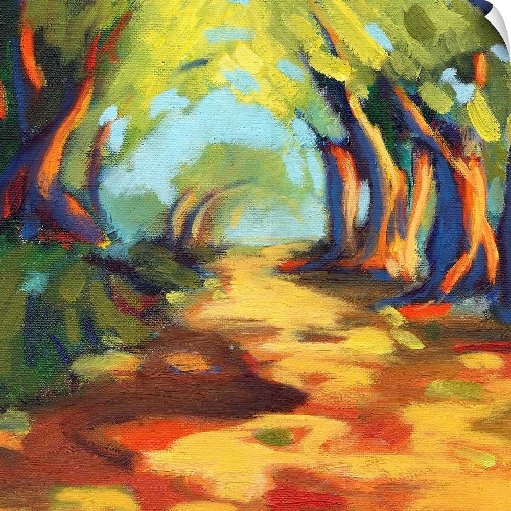 A contemporary painting of a rugged road framed by trees.