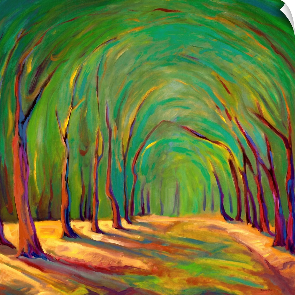 A contemporary painting of a small  road framed by trees.