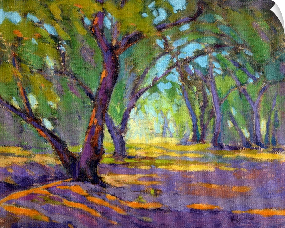 Contemporary landscape with curved trees in a forest setting made with purple, orange, yellow, and green hues.