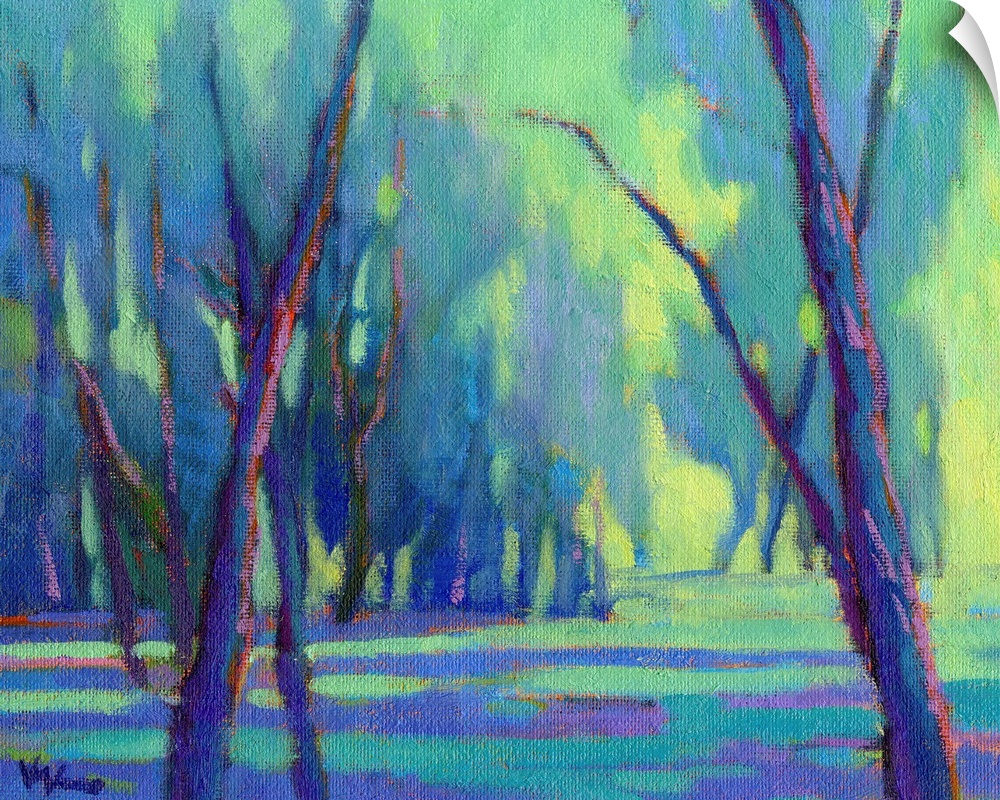 Landscape painting with blue, purple, and green trees in a forest with pink and orange highlights.