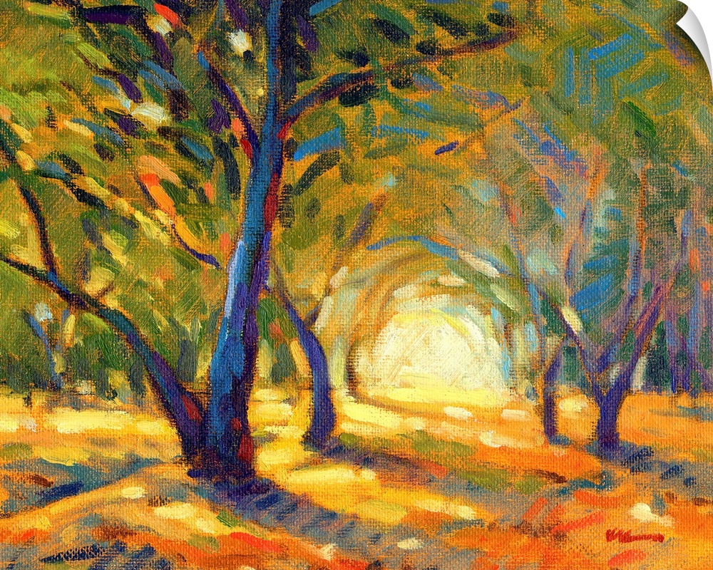 A horizontal contemporary painting of colorful autumn forest.