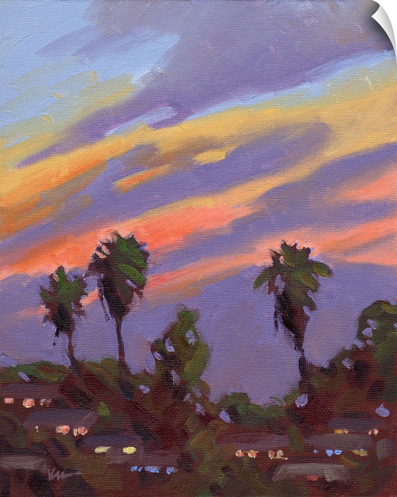 A vertical painting of palm trees with a vibrant sunset.