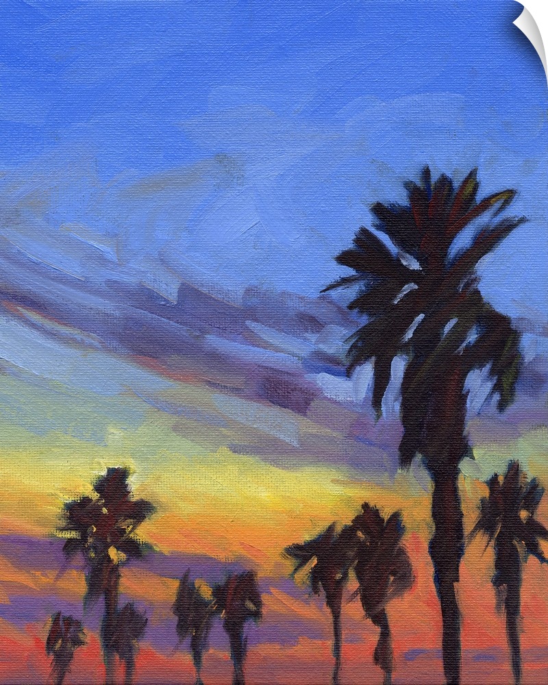 A vertical painting of palm trees during a sunset.