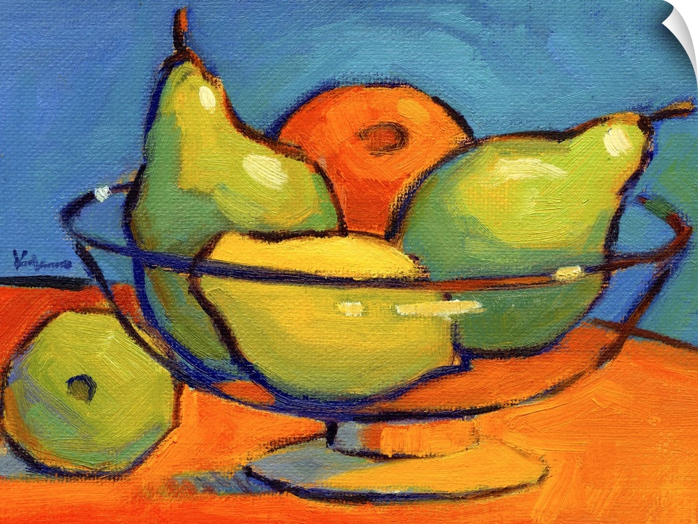 Contemporary still life painting of a glass bowl filled with pears, a lemon, and an orange sitting on an orange table with...
