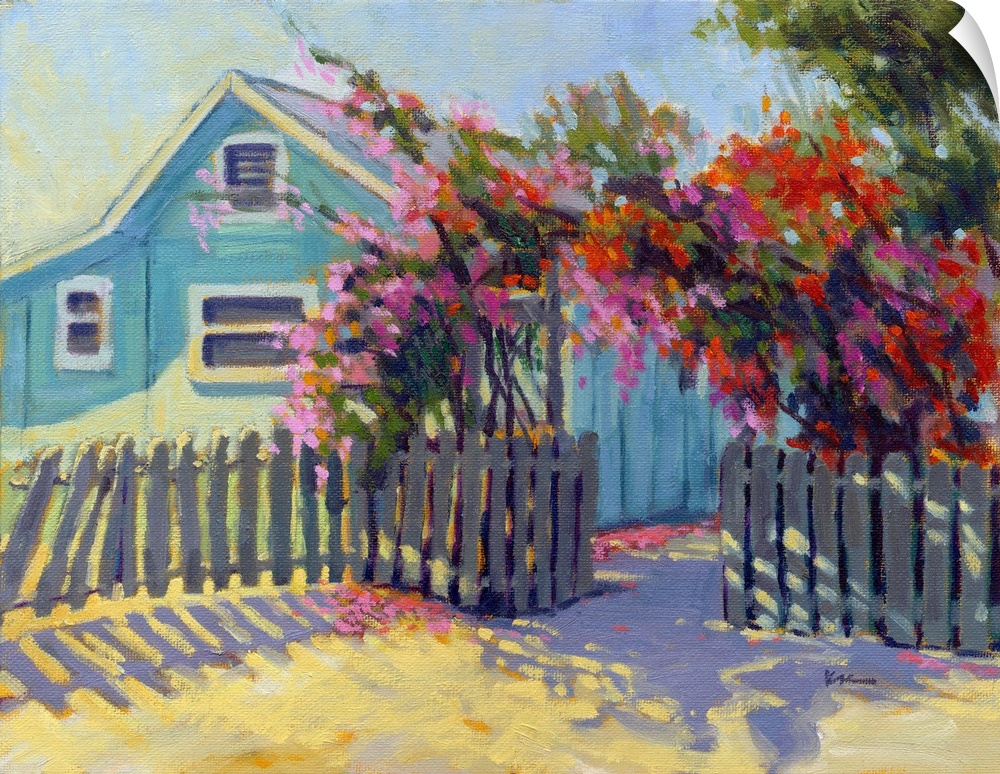 Contemporary painting of a blue house with vibrant red flowers in a fenced archway.