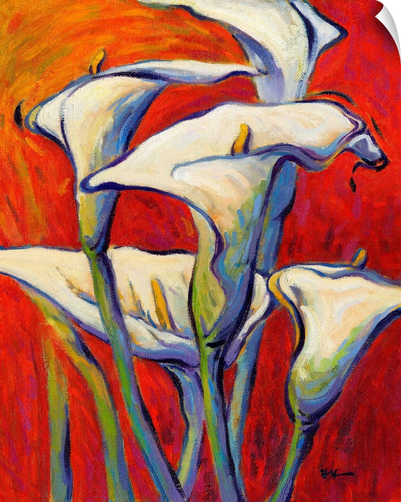 A vertical contemporary painting of a bouquet of white lilies against a red background.