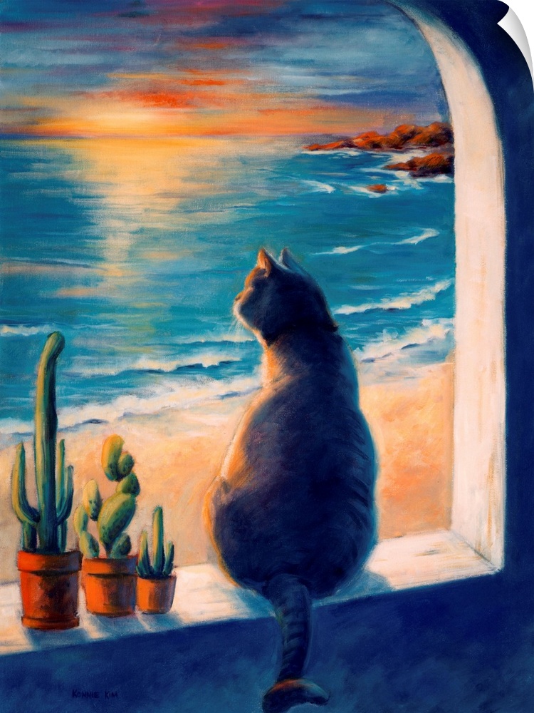 A contemporary painting of a cat sitting on a window sill, looking out at the ocean waves during sunset.