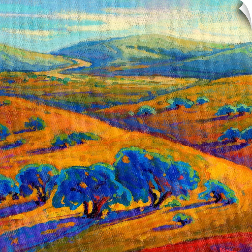 A square contemporary painting of a row of trees and rolling hills in vibrant colors.