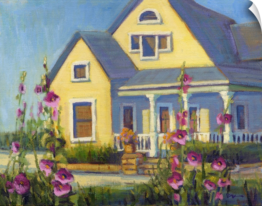A contemporary painting of a yellow house with pink flowers in a garden.