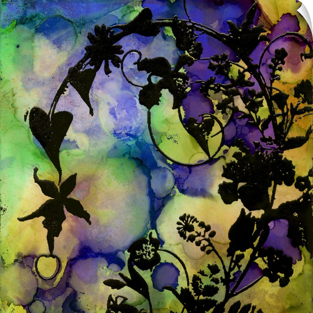 Square painting of flowery vines against a multicolored watercolor background.