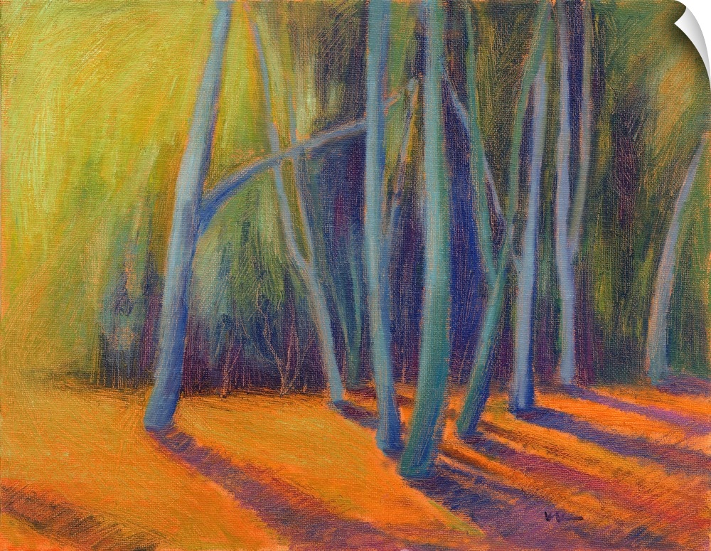 A multicolored painting of a forest of trees.