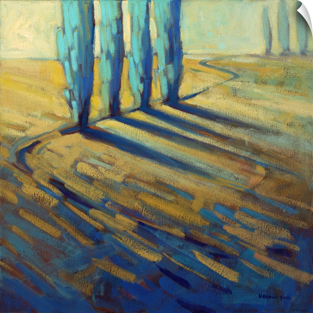 A contemporary painting of a small country road framed by cypress trees.