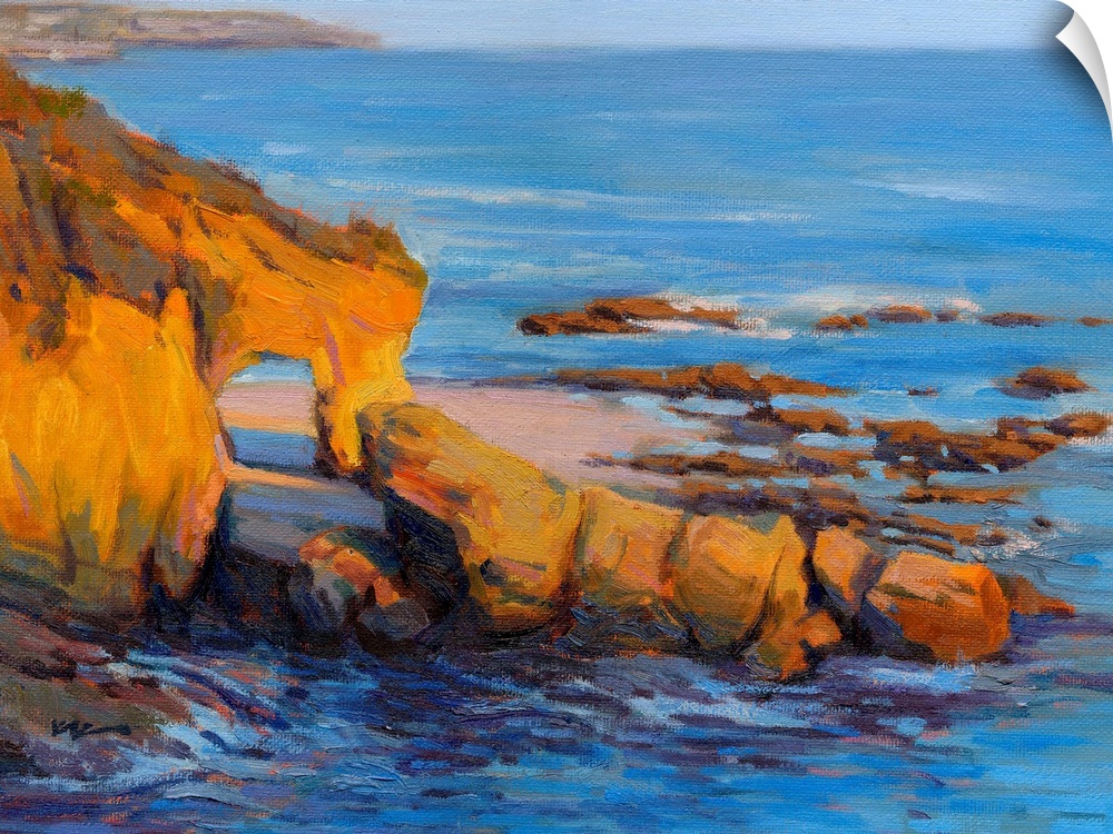 Horizontal contemporary painting of a rocky cliff and a beach with vivid blue water.