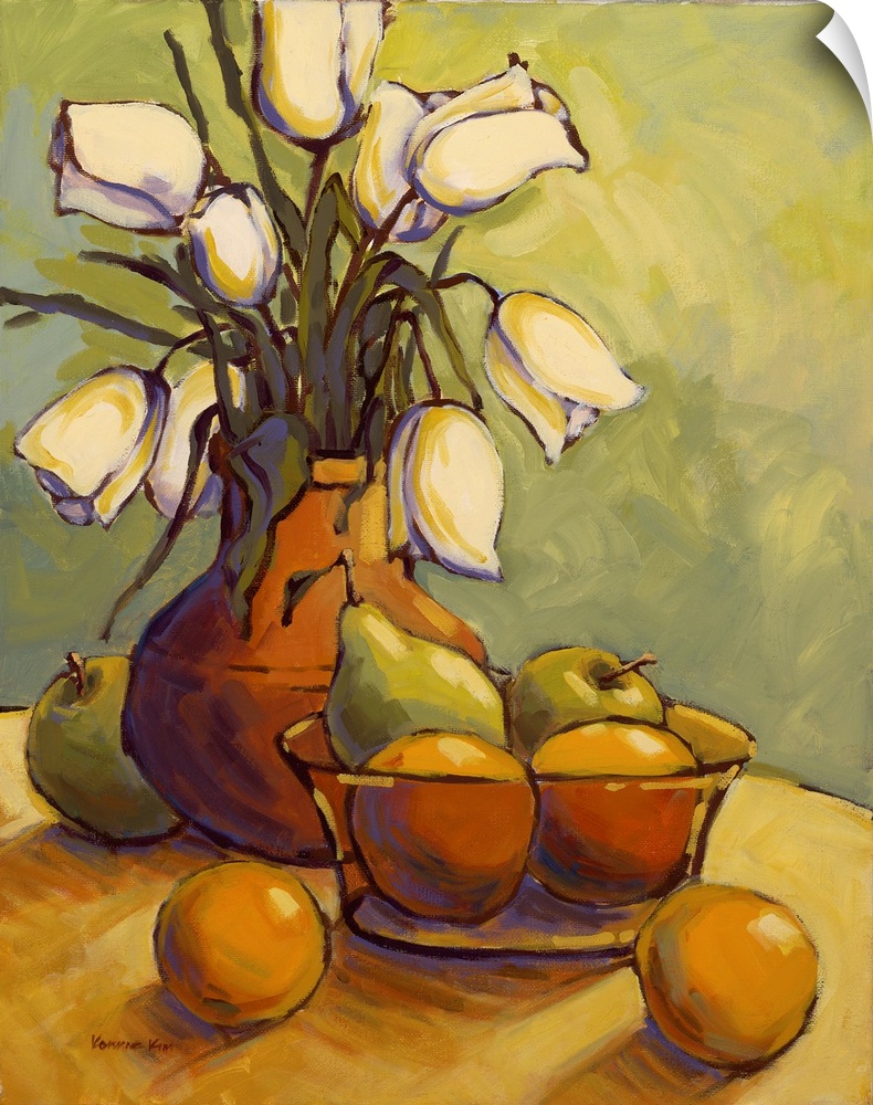A vertical contemporary painting of a glass vase of eloquent flowers with pears and oranges.