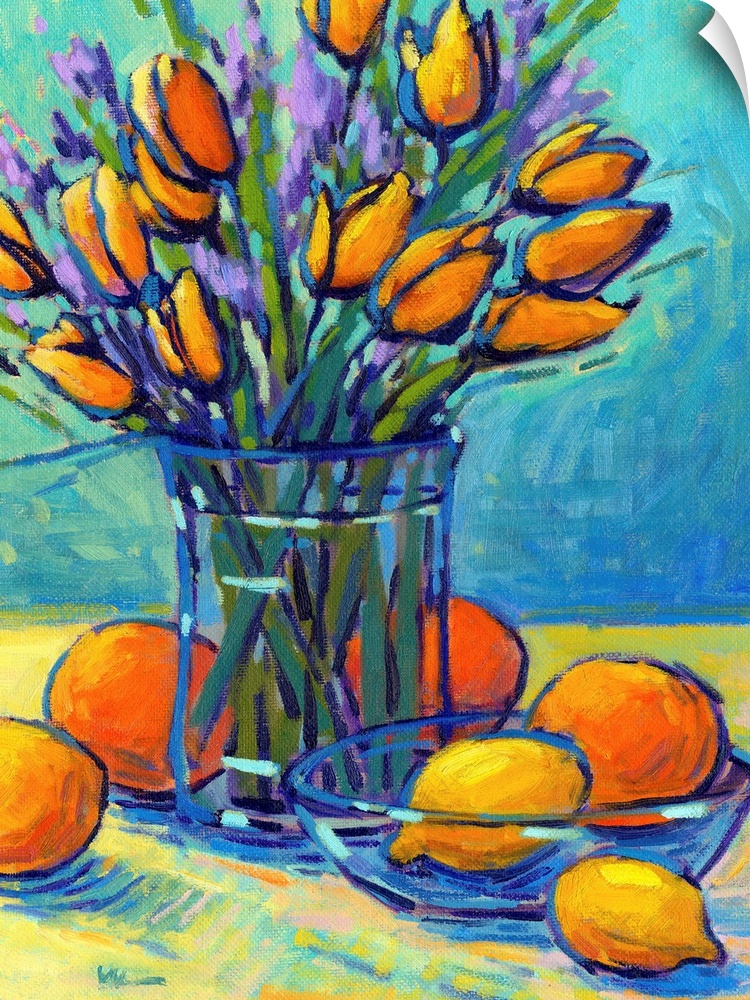A vertical contemporary painting of a glass vase of tulips with oranges and lemons.