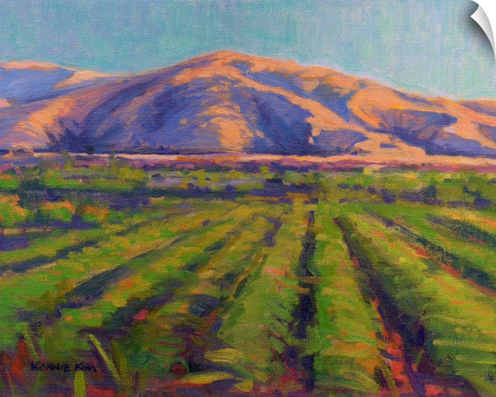 A contemporary painting of fields with mountains in the background.