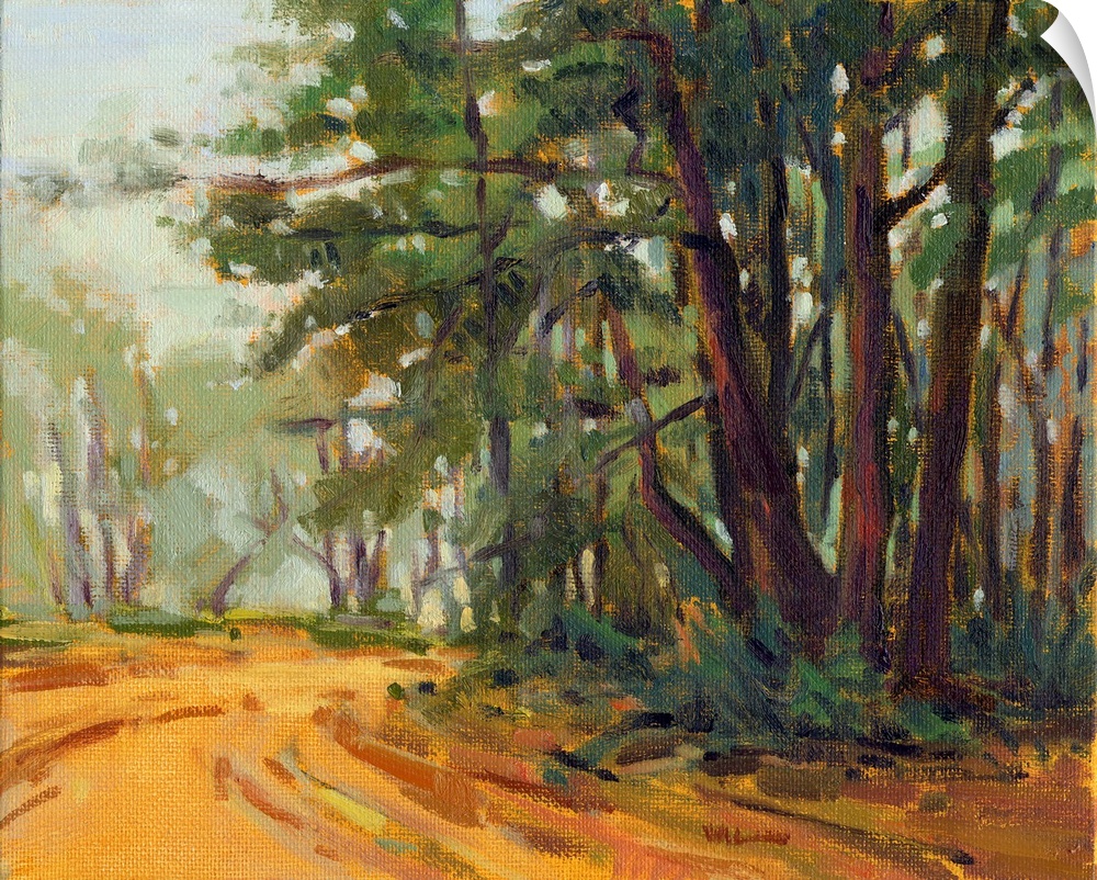 A contemporary painting of a small country road framed by a forest.