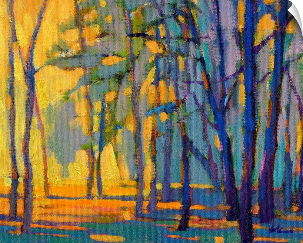 Contemporary painting of trees in a forest with strong golden light shining through at golden hour.