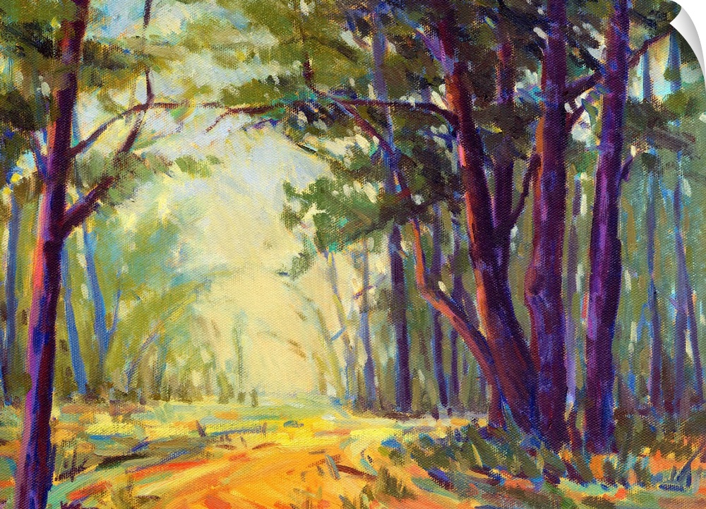A horizontal contemporary painting of path through a forest.