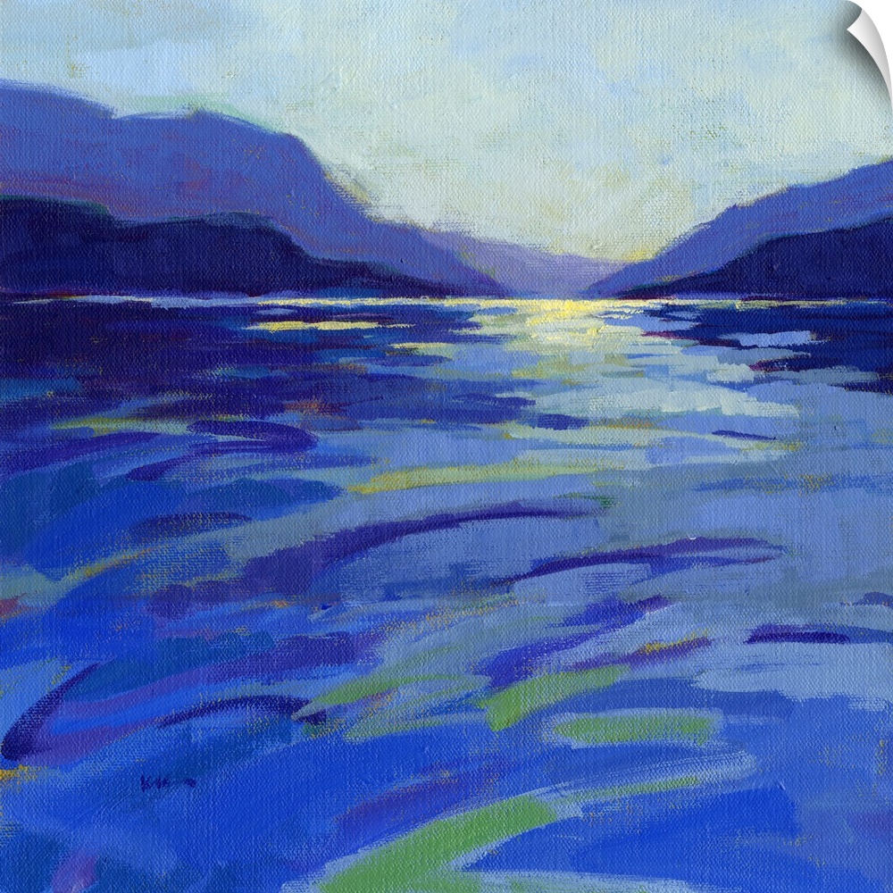 A square contemporary painting in colorful brush strokes of waves in the water.